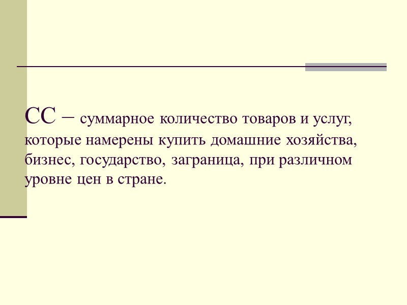 СС – суммарное количество товаров и услуг, которые намерены купить домашние хозяйства, бизнес, государство,